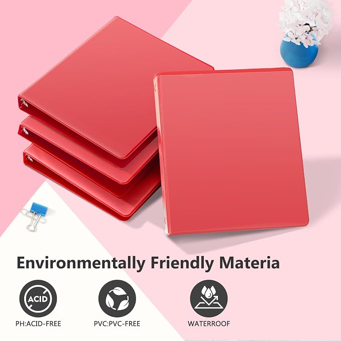 ViVin 1 Inch Round Ring View Binder for Durability, 6-Pack (Red) | Standard 3 Ring Binder for 200 Sheets of US Letter Size Paper, PVC-Free, Clear View Cover, Office Home School Use