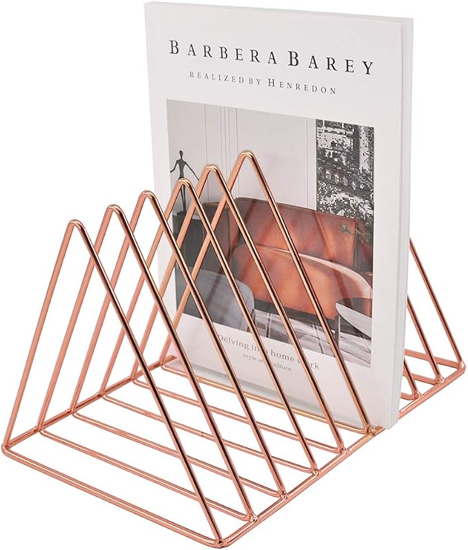9 Slot Magazine Rack Book Record Holder, Desktop Iron Storage Rack Bookshelf Multifunction Triangle File Organizer Sorter for Decor Home Office, Rose Gold Pack of 2