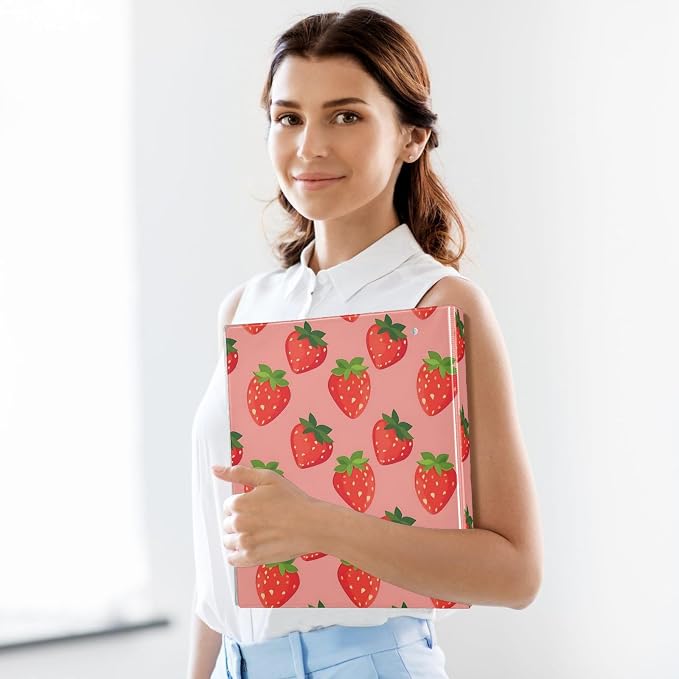 JIPONI 3 Ring Binder Strawberrys Pink Background 1 Inch Round Binders for Men Women Students, Cute File Organizer for Office School, 2 pcs