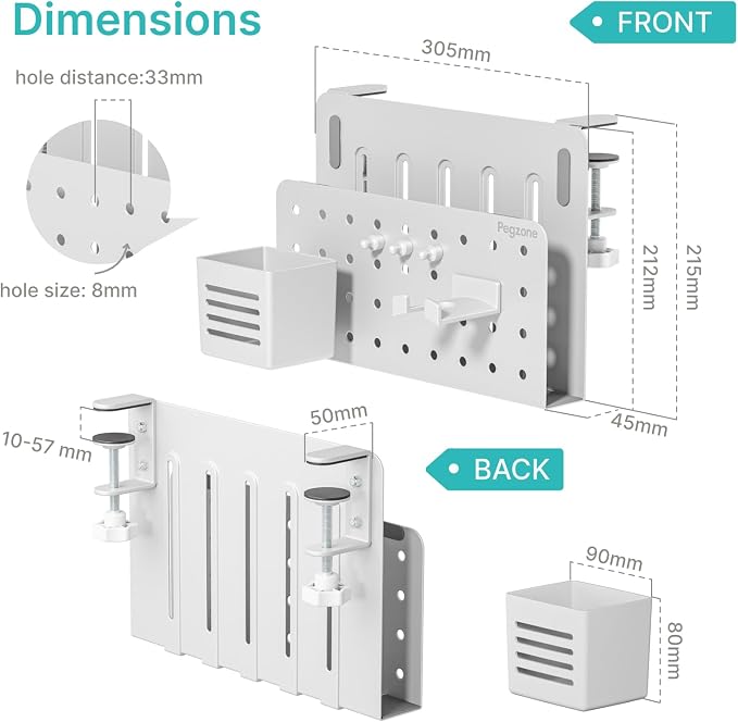 Desk Side Storage Organizer, Fits Flat Edge 0.4" to 2.2", White | No Drill Under Desk Laptop Holder, Clamp on Desks Shelf with Pegboard Accessories, Hanging Laptop Mount