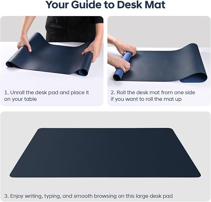 Leather Desk Pad Protector, Office Desk Mat, Large Mouse Pad, Non-Slip PU Leather Desk Blotter, Waterproof Computer Desk Writing Pad for Office and Home (Dark Blue, 47.2" x 23.6")