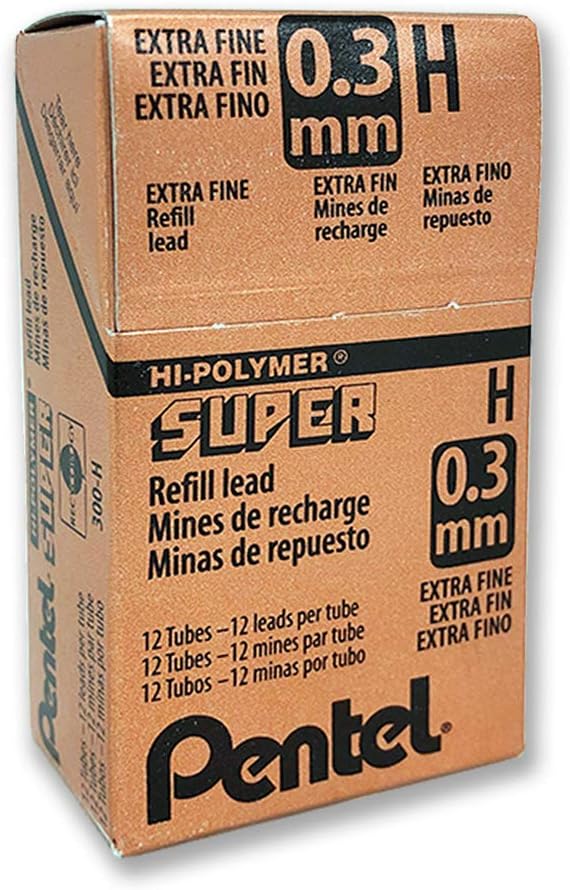Pentel Super Hi-Polymer Lead, 0.3mm, Extra Fine, H, 12 Piece/tube, Box of 12 (300-H)