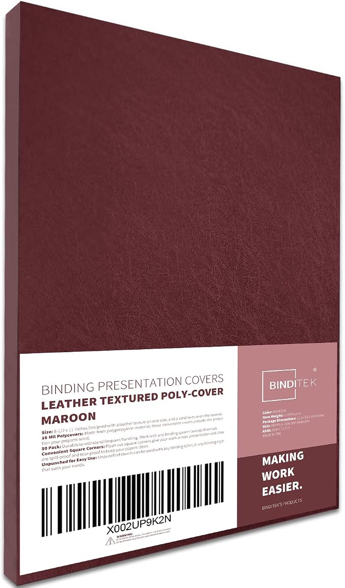 Binditek 16 Mil Leather-Textured Polycovers, 8.5x11 Inches, Maroon, 50 Pack | Leather-Textured Binding Covers, 8.5x11 Inches Letter Size, Plastic Binding Presentation Covers, Square Corners, Unpunched