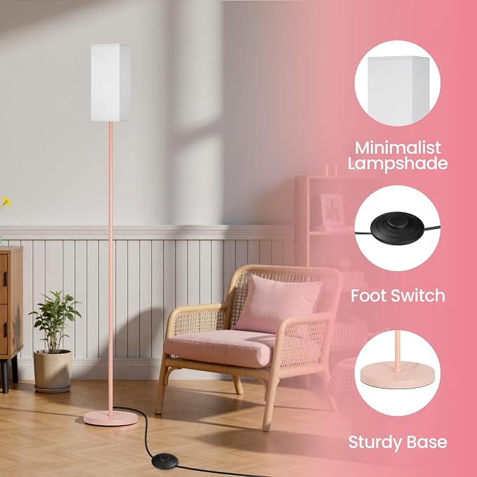 Floor Lamp, Pole Lamp with Foot Switch, Modern Standing Lamp Shade, Minimalist Freestanding Lamp (Bulb Not Included), for Living Room, Bedroom Office ETL Listed, Pink and White PCW07LD05
