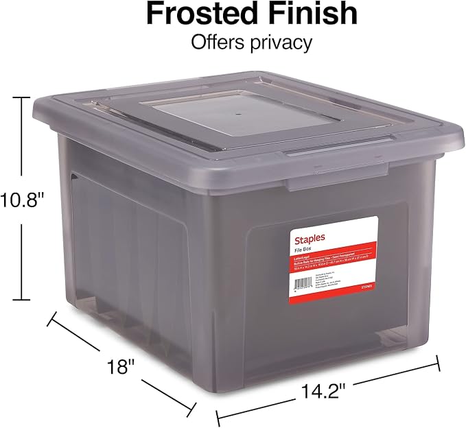 STAPLES Hanging File Folder Box, Storage Bin Organizer, Snap Lid, Letter & Legal Size Documents, Frost Gray | Frost gray bin keeps letter and legal size documents organized and accessible.