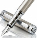 Scriveiner Stainless Steel Fountain Pen - Stunning Luxury Pen with Steel Finish, Schmidt Steel Nib (Fine), Best Pen Gift Set for Men & Women, Professional, Executive Office, Nice Designer Pens