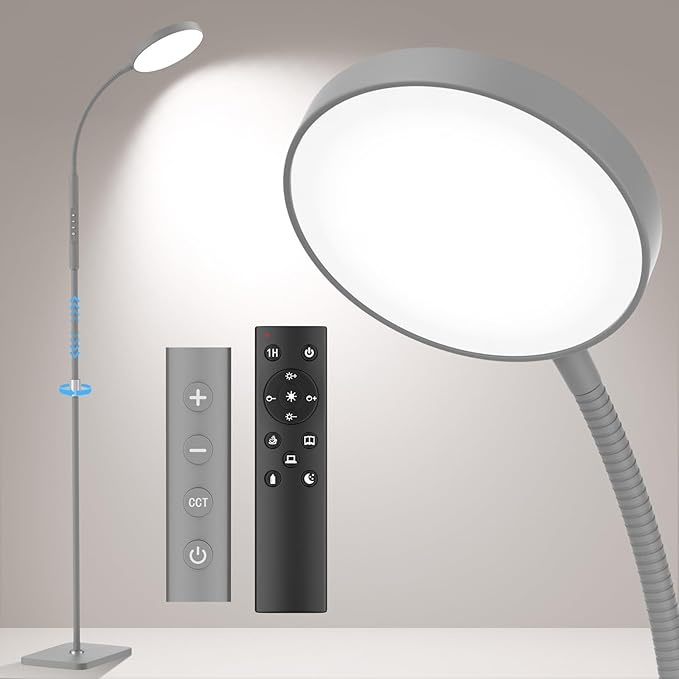 PACOVY Floor Lamp, Adjustable Height Floor Lamps for Living Room Bedroom, 120 LED Super Bright Standing Lamp Remote Control Dimmable Gooseneck Tall Stand Reading Lamp for Office Craft, Matte Gray