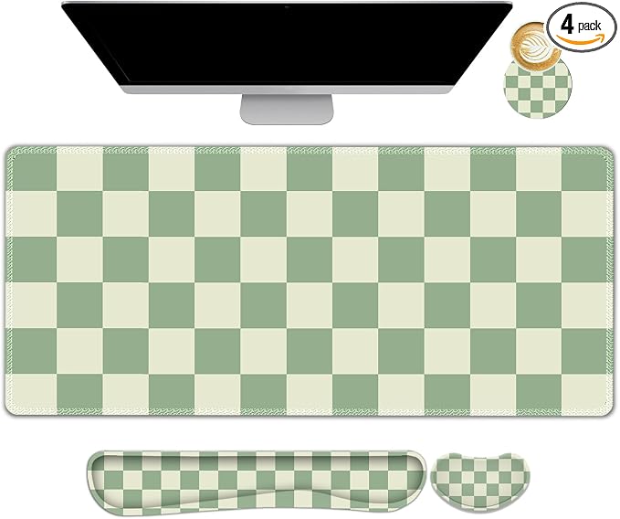 Large Gaming Mouse Pad Set, 4 in1 Ergonomics Keyboard Desk Mat with Memory Foam Wrist Rest, Extended Game Mousepad, Non-Slip Desk Pad Matt Easy Typing Pain Relief I Green Checkered