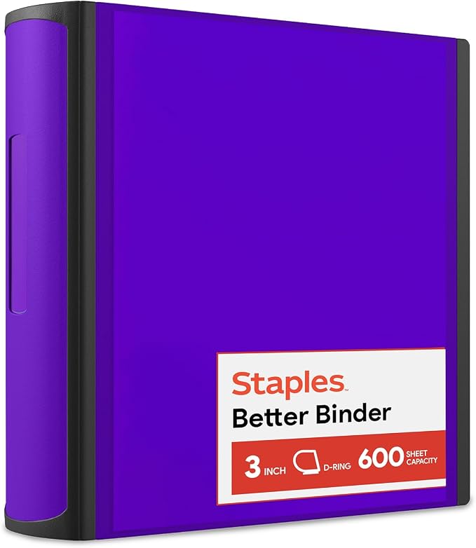 Staples Better 3-Inch D-Ring Binder, Purple, Heavy-Duty | Large-capacity 3-ring binder for school and office document storage.