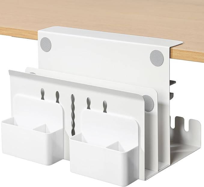 MAXECHO Desk Side Storage, Under Desk Laptop Mount, Table Side Hanging File Organizer, No Drill Clamp On Cable Management Tray, Laptop Holder with Magnetic Pen Holder for Office and Home, Load 22 Lbs