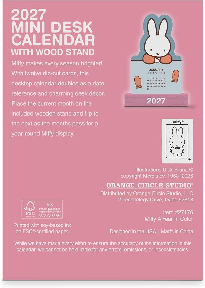Orange Circle Studio 2027 Miffy A Year in Color Mini Desk Calendar with Wooden Stand, 12-Month Small Desktop Calendar, Full-Color Monthly Layouts, 300 GSM FSC-Certified Paper, Office Desk Décor