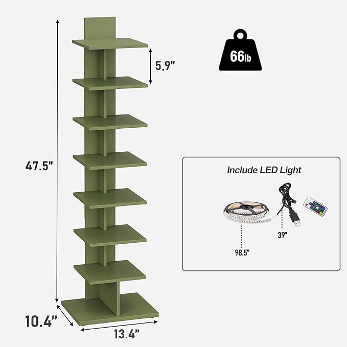 TUTOTAK Book Shelf, Narrow Spine Bookshelf, 8-Tier Bookcase with LED Lights | 10.4 x 13.4 x 47.5 Inches Vertical Freestanding Corner Shelf for Living Room, Office, Small Space, Olive Green BS06BOG008L