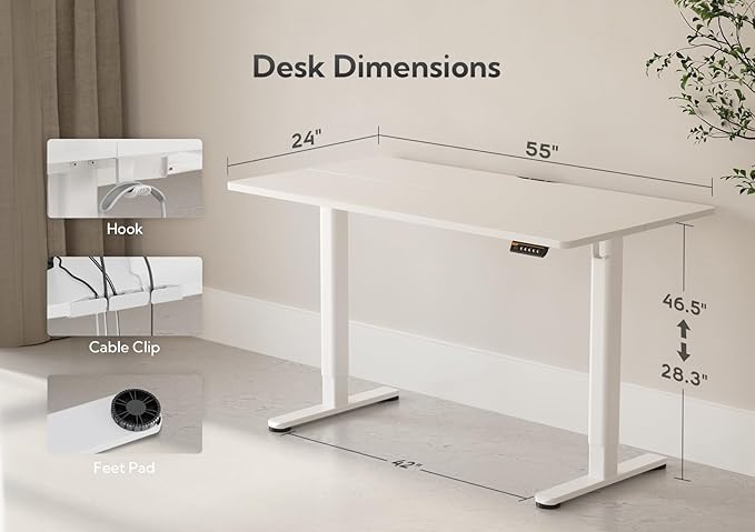 Claiks Electric Height Adjustable Standing Desk, 55x24 Inch, White | Smooth Height Adjustment, 3 Memory Presets, Cable Management Hub&Hook, Stable Steel Frame, 176lbs Capacity, Easy Assembly