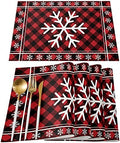 White Christmas Snowflake Placemats Set of 4, Red Black Buffalo Plaid Check Cotton Line Stain Resistant Table Mats Washable Holidays Placemat Decoration For Kitchen Dining Table Rustic Farmhouse