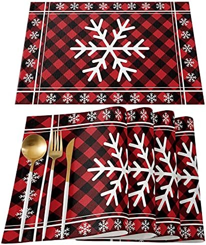 White Christmas Snowflake Placemats Set of 4, Red Black Buffalo Plaid Check Cotton Line Stain Resistant Table Mats Washable Holidays Placemat Decoration For Kitchen Dining Table Rustic Farmhouse