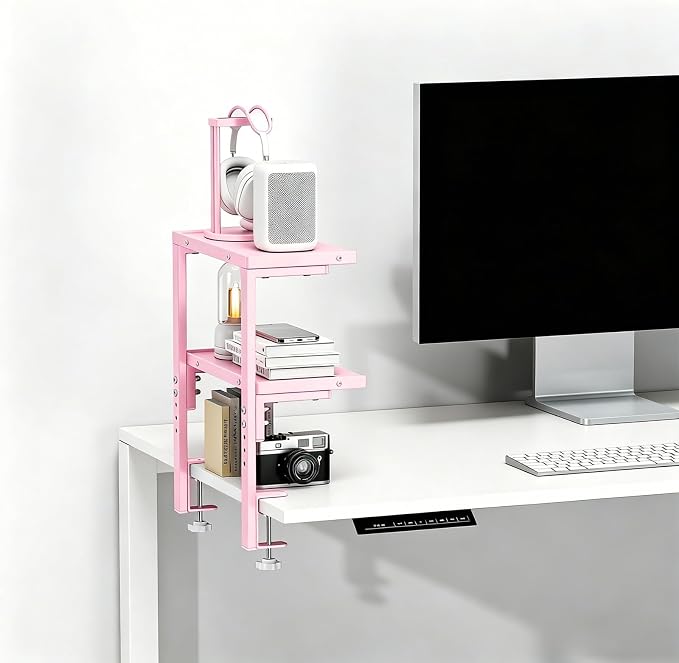 2-Tier Desk Shelf | Desk Organization Expandable Clamp on Desk Shelf Desktop Accessories for Offices and Game Rooms (Pink)