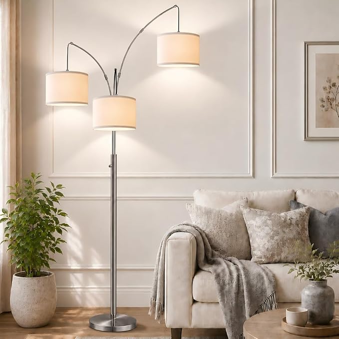 Nintiue Dimmable Floor Lamp - 3 Lights Brushed Nickel Arc Floor Lamps for Living Room,1000LM Modern Tall Standing Lamp with White Shades,Mid Century Tree Floor Lamp for Bedroom,3 LED Bulbs Included
