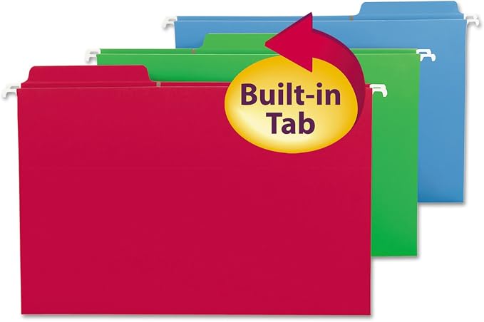 Smead FasTab Hanging File Folder, 1/3-Cut Built-in Tab, Legal Size, Assorted Primary Colors, 18 Count (64153)