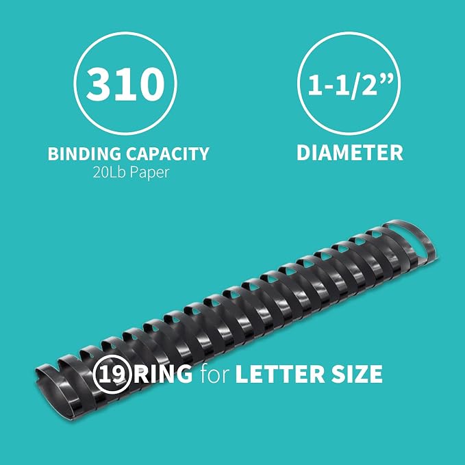 Binditek Plastic Binding Comb Spines, 1-1/2 Inch, 19 Ring, Black, 12 Pack | Plastic Binding Combs, 1-1/2 Inch Diameter, 310 Sheet Capacity, for Letter Size, for Students and Coworkers