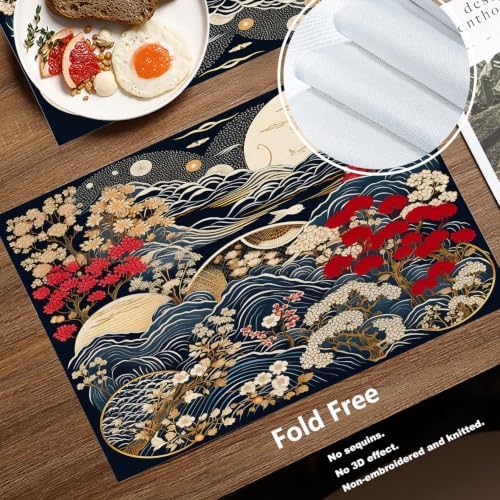 Batmerry Flowers Waves Placemats, Beautiful Nature Scene with Moon Washable Linen Table Mats for Kitchen Table Double Insulation Decor Dining Set Indoor Outdoor 12X18 in Set of 8