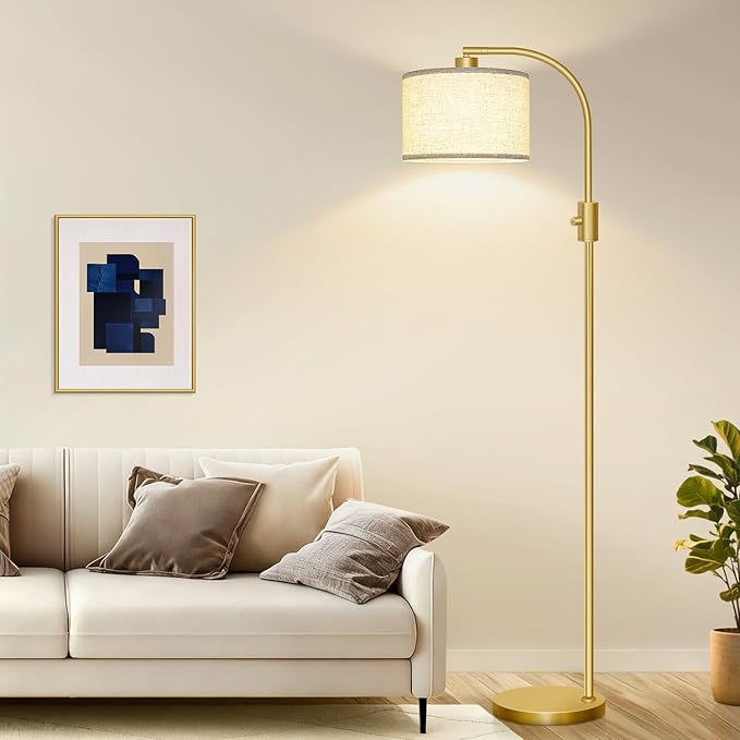Nintiue Upgraded Modern Arc Dimmable Tall Standing Floor Lamp with Linen Shade, 1200 Lumens LED Bulb Included, for Living & Reading Room, Bedroom, Office & Nursery, Gold