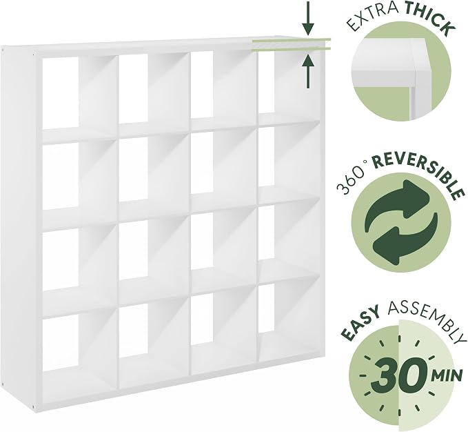Furinno Cubicle Book Shelf, 16-Cube Bookshelf, Extra Thick Frame Reversible Tall Wide Bookcase with Open Back, 14.6 x 57.8 x 58, for Living Room, Bedroom, Home Office, Plain White