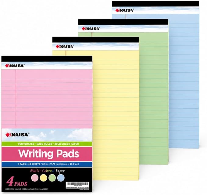 KAISA note pads Colored Legal Pad Writing Pads 8.5x11 inch, Wide Ruled, 40 Sheets/Pad, 20lb Colored Paper, Perforated Writing Pad with Sturdy Back (4 Pads), KSU-5972