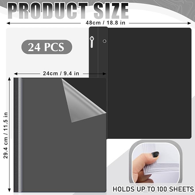 Teling 24 Pcs Clear Front Report Covers with 3 Prongs Fasteners Plastic Presentation Folders Resume Portfolio Report for Letter Size Binder for Paper Document School Office(Black)