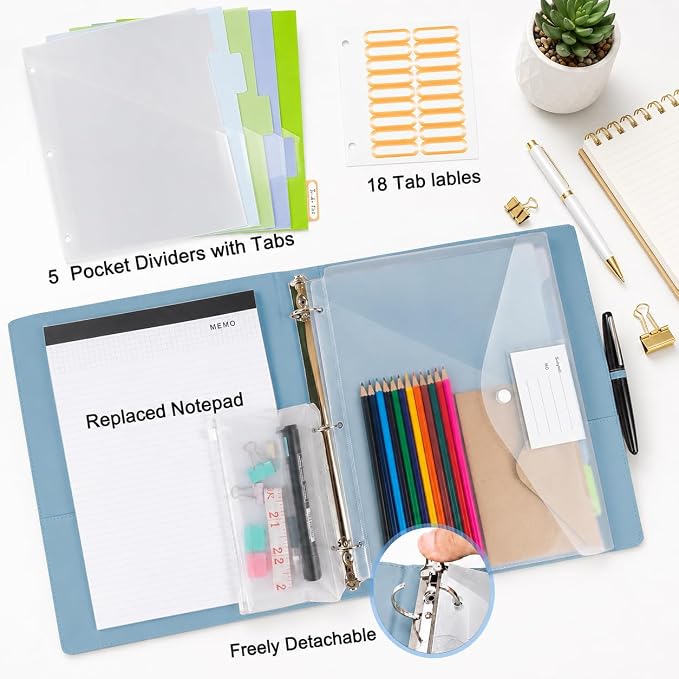 3 Ring Binder with Clipboard,1 Inch Binders with Notepad&5 Dividers with Pockets, Labels,PU Clipboards for School Office(Blue,Letter Size)