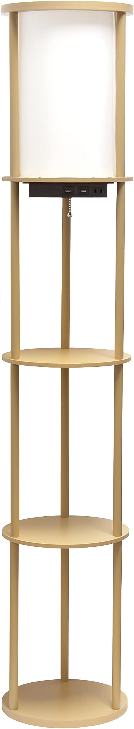 Simple Designs LF2010-TAN 62.5" Round Modern Shelf Etagere Organizer Storage Floor Lamp with 2 USB Charging Ports, 1 Charging Outlet and Linen Shade for Living Room Bedroom Office, Tan