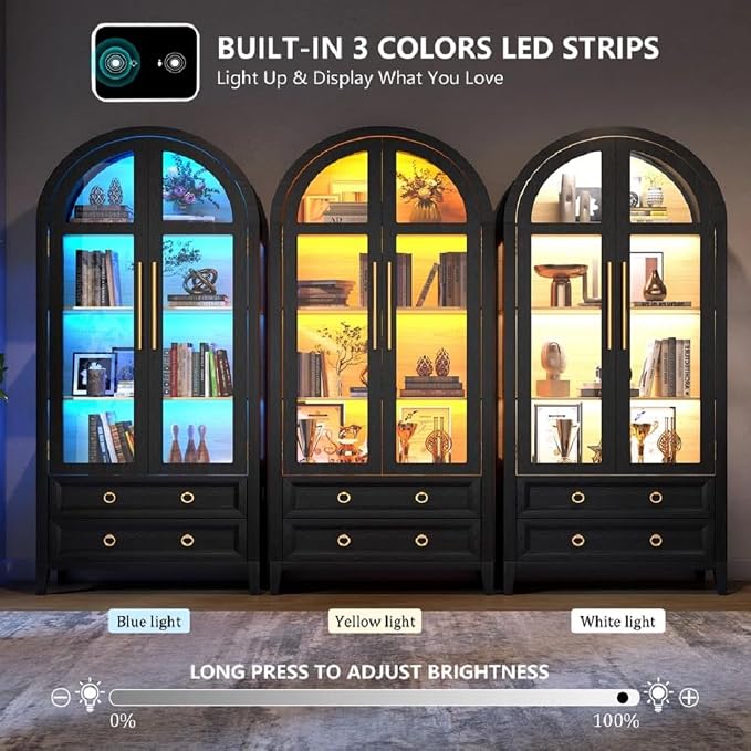 Arched Curio Cabinet with Glass Doors, 4-Tier Display Cabinet with 2 Drawers, Tall Bookcase with 3 Color Lights, Display Case, Kitchen Pantry, Black+Wood