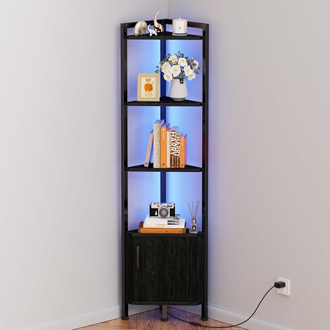 5-Tier Corner Shelf with LED Light,Black Corner Cabinet with Doors | 62.8”Tall Corner Bookshelf with Storage Rack for Bedroom,Living Room,Kitchen,Metal Frame,Wood Display Shelf,Easy to Assemble