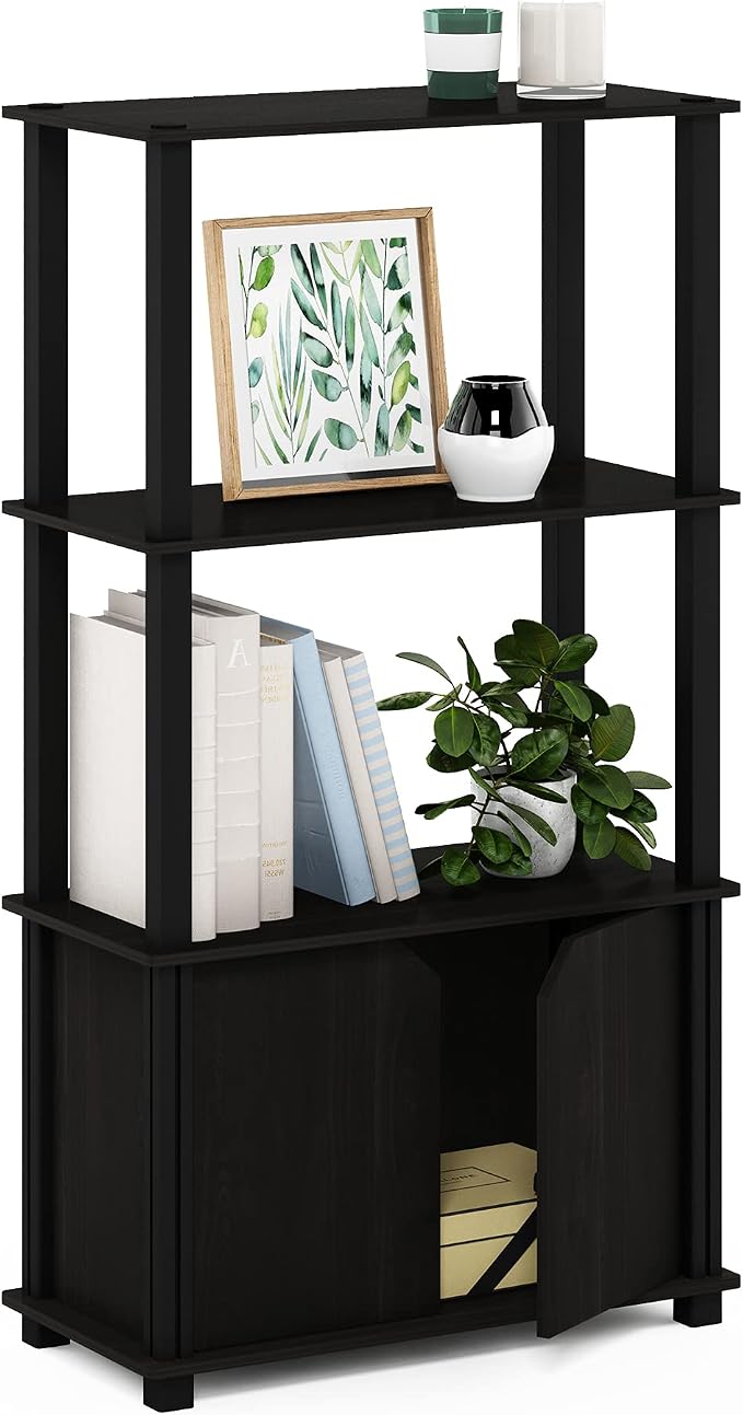 Furinno GO GREEN Storage Shelves, 4-Tier Book Shelf, Bookcase, Display Shelf with Open Shelf and Closed Storage, for Organization and Storage, Living Room, Garage, Home Office, Espresso