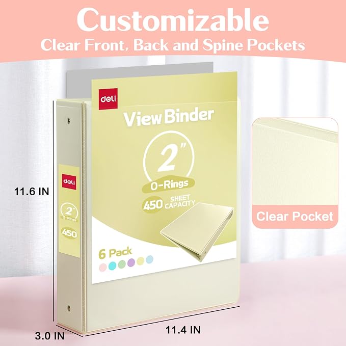 deli 2-inch 3 Ring Binder 6 Pack,11" x 8.5" US Letter Size | 2 inch Binders with 2 Interior Pockets, 450 Sheets Capacity,Assorted 6 Pastel Colors