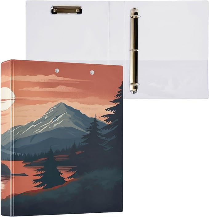 3 Ring Binder, Vintage Mountain Landscape Clipboard Binder with 2 Pockets, 1.5 Inch Three Ring Binder Heavy Duty Round Ring Binders for Office Supplies#95