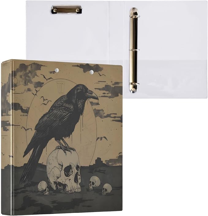 JIPONI 3 Ring Binder Gothic Style Crow 1 Inch Round Binders for Men Women Students, Cute File Organizer for Office Home School
