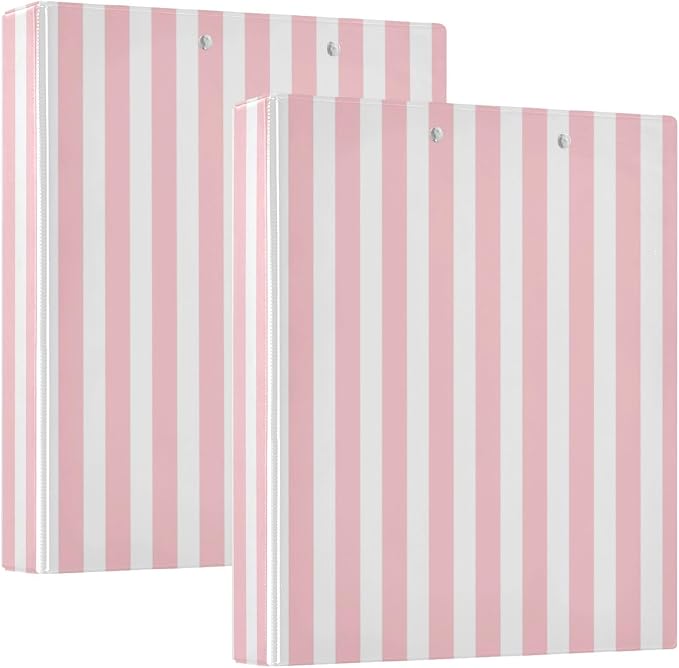 Aslsiy 3 Ring Binder 1.5 Inch Pink and White Striped Round Clipboard Binder Cute Decorative Harcover Binders Organizer for Office Supplies