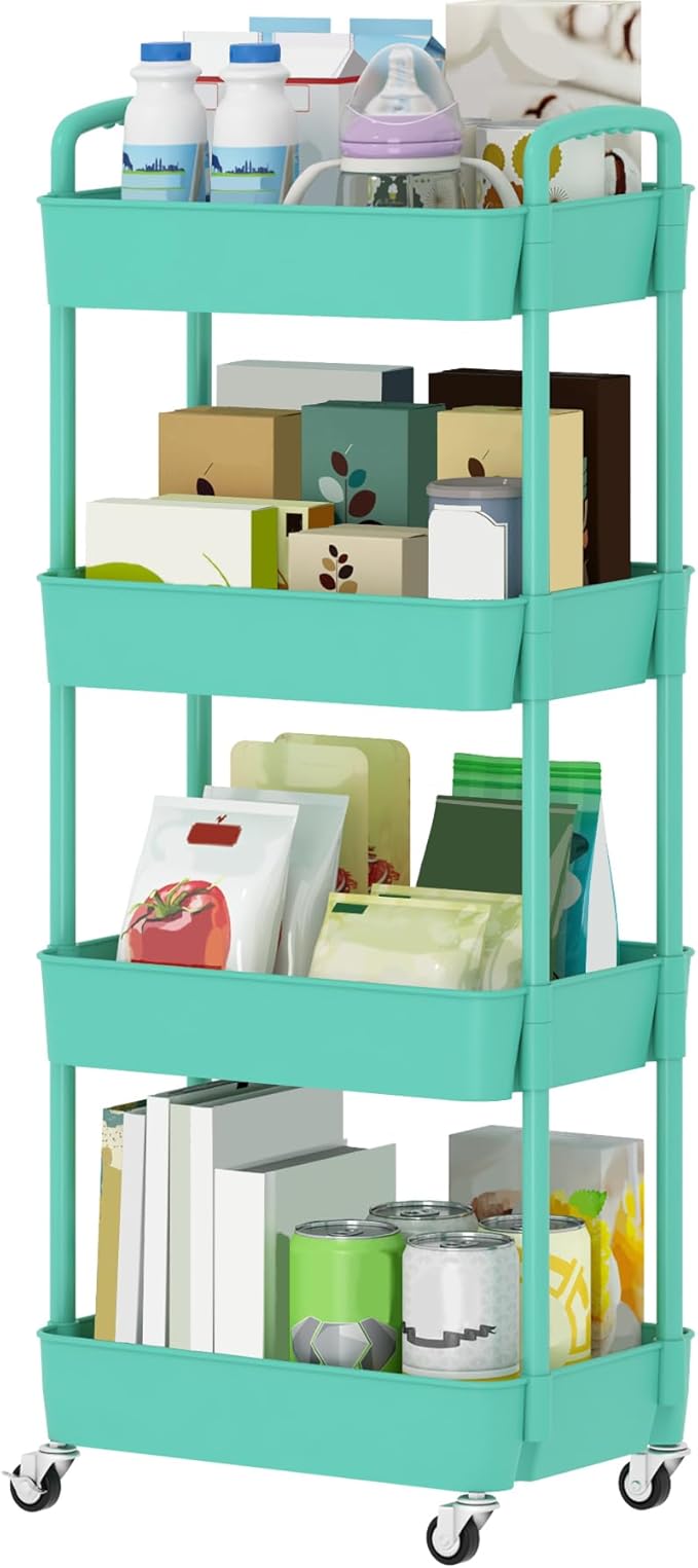 Sywhitta 4-Tier Plastic Rolling Utility Cart with Handle, Multi-Functional Storage Trolley for Office, Living Room, Kitchen, Movable Storage Organizer with Wheels, Green