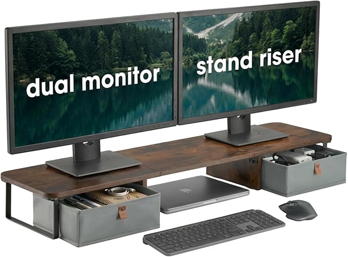 DuoStand Plus - 39” Dual Monitor Riser for Desk with 2 Drawers - Wood & Steel Double Monitor Stand with Storage - Desk Organizer Shelf for Desktop Computer, Laptop, TV & Printer (Rustic Wood)