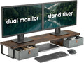 DuoStand Plus - 39” Dual Monitor Riser for Desk with 2 Drawers - Wood & Steel Double Monitor Stand with Storage - Desk Organizer Shelf for Desktop Computer, Laptop, TV & Printer (Rustic Wood)