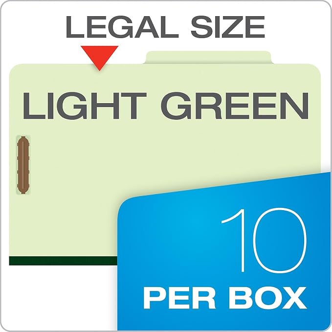 Pendaflex Pressboard Classification File Folders, 2 Dividers, 2" Embedded Fasteners, 2/5 Tab Cut, Legal Size, Light Green, Box of 10 (17176EE)