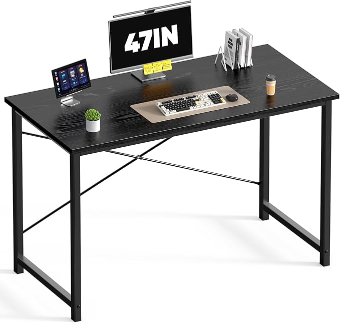 DUMOS 47 Inch Small Computer Desk, Gaming Desks for Home Office Bedroom | Modern Study Writing Work Table, Craft PC Desk Simple Workstation with Reinforcement Structure, Black