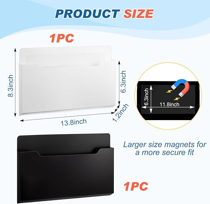 Feifeiya 2 Pcs Magnetic File Folder Wall Hanging Holder Large Pocket Paper Magazine Mail Organizer for Refrigerator Classroom Locker Whiteboard(Horizontal,Black White,13.8 x 8.3 Inches)