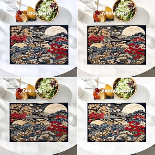 Batmerry Flowers Waves Linen Placemats Set of 4, Beautiful Nature Scene with Moon Washable Table Mats for Kitchen Table Thickened Heat Insulation Dining Set Indoor Outdoor 12X18 in