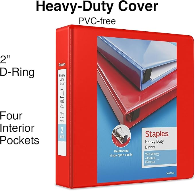 Staples Heavy-Duty 2-Inch D-Ring View Binder, Reinforced Spine, Holds Up to 450 Sheets, Red, for Office & School
