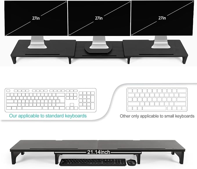 Nnewvante Bamboo Monitor Stand Riser, 60 inch Upgrade Height Large TV Riser | Black, Adjustable Length Angle, Dual Monitor Stand for Desk, 3 Shelves Desktop Screen Riser, For Computer Laptop