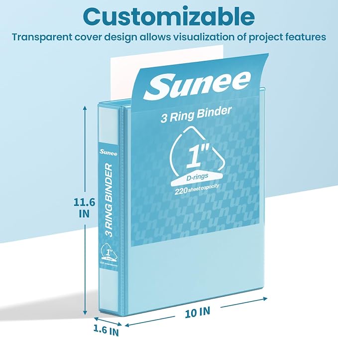 SUNEE 3 Ring Binder 1 Inch D Ring, Clear View Binder Three Ring PVC-Free (Fit 8.5x11 Inches) for School or Office Supplies, Sky Blue, 1 Pack