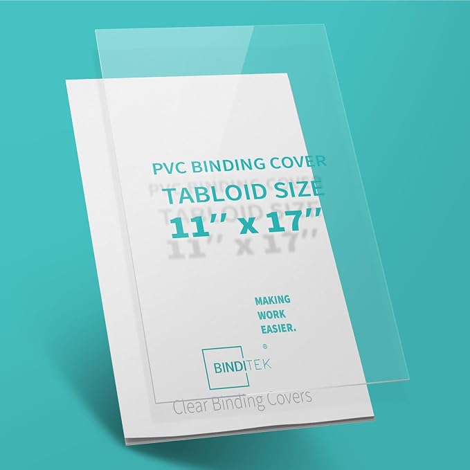 Binditek 8 Mil PVC Binding Covers, 11 x 17 Inches, Clear, 50 Pack | PVC Binding Presentation Covers, 11" x 17" Ledger/Tabloid Size, Square Corners, Unpunched, for Office School Supplies