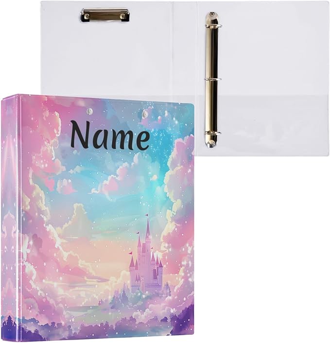 Custom 3 Ring Binder Princess Castle Pink Sky 1.5" Round Ring Binders Personalized Name View Binder with 200 Sheet for Women Men Office Kids School Supplies, 1 Pack
