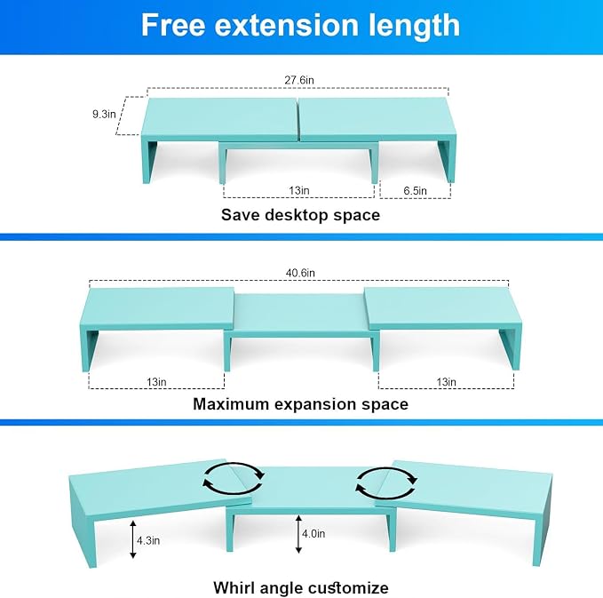 Desk Organizers and Accessories, Dual Monitor Stand Riser, Monitor Desk Shelf for Desktop Organization (Blue)